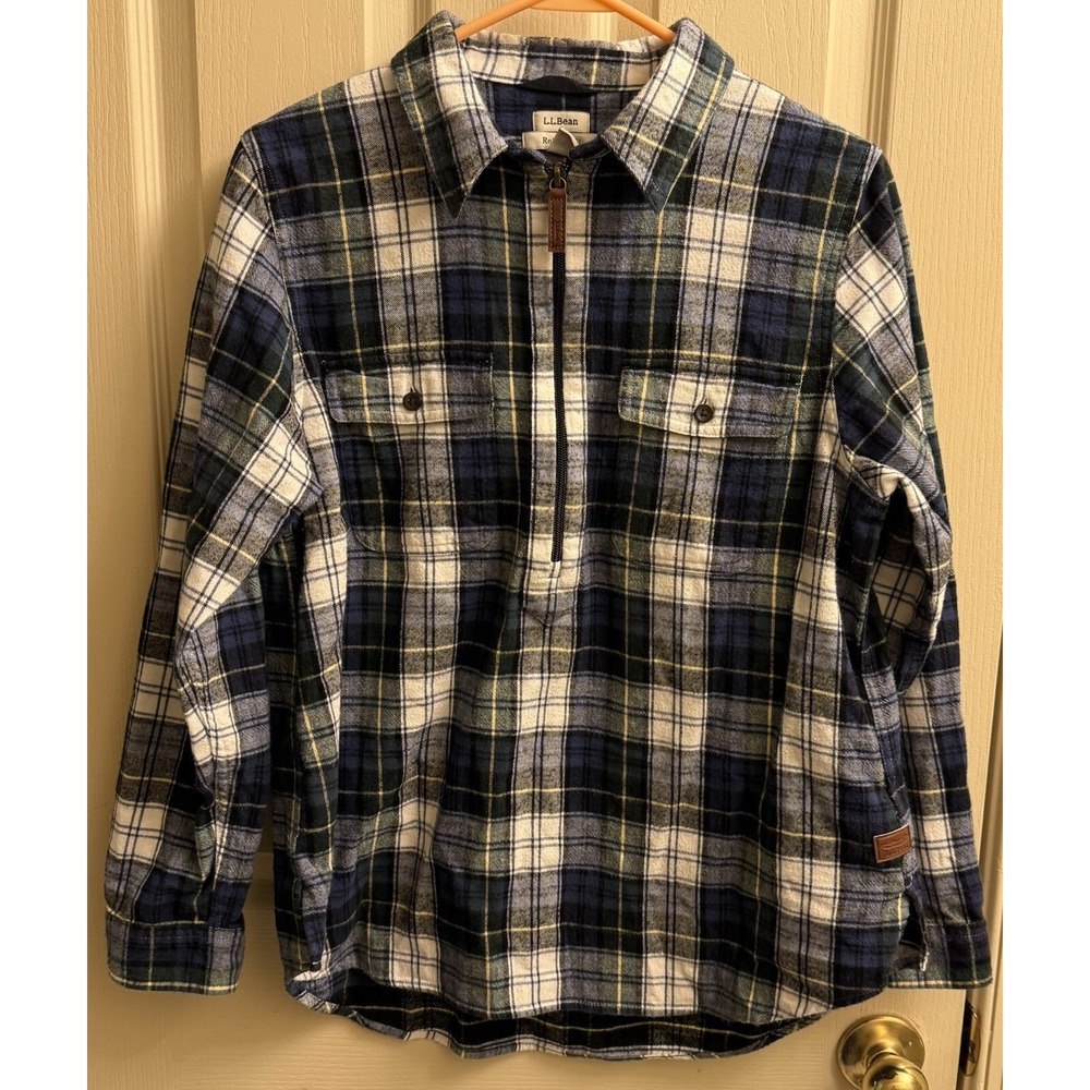 L.L. Bean Women's Size M Blue Green Plaid Flannel Shirt Quarter Zip Relaxed Fit
